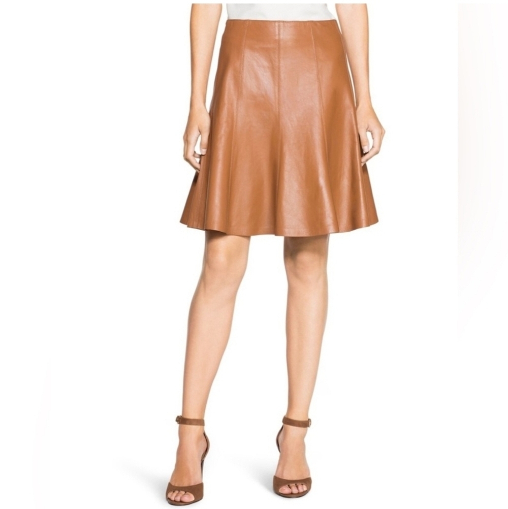 WHBM Lam Leather Tan A-Line Skirt Knee-Length Work